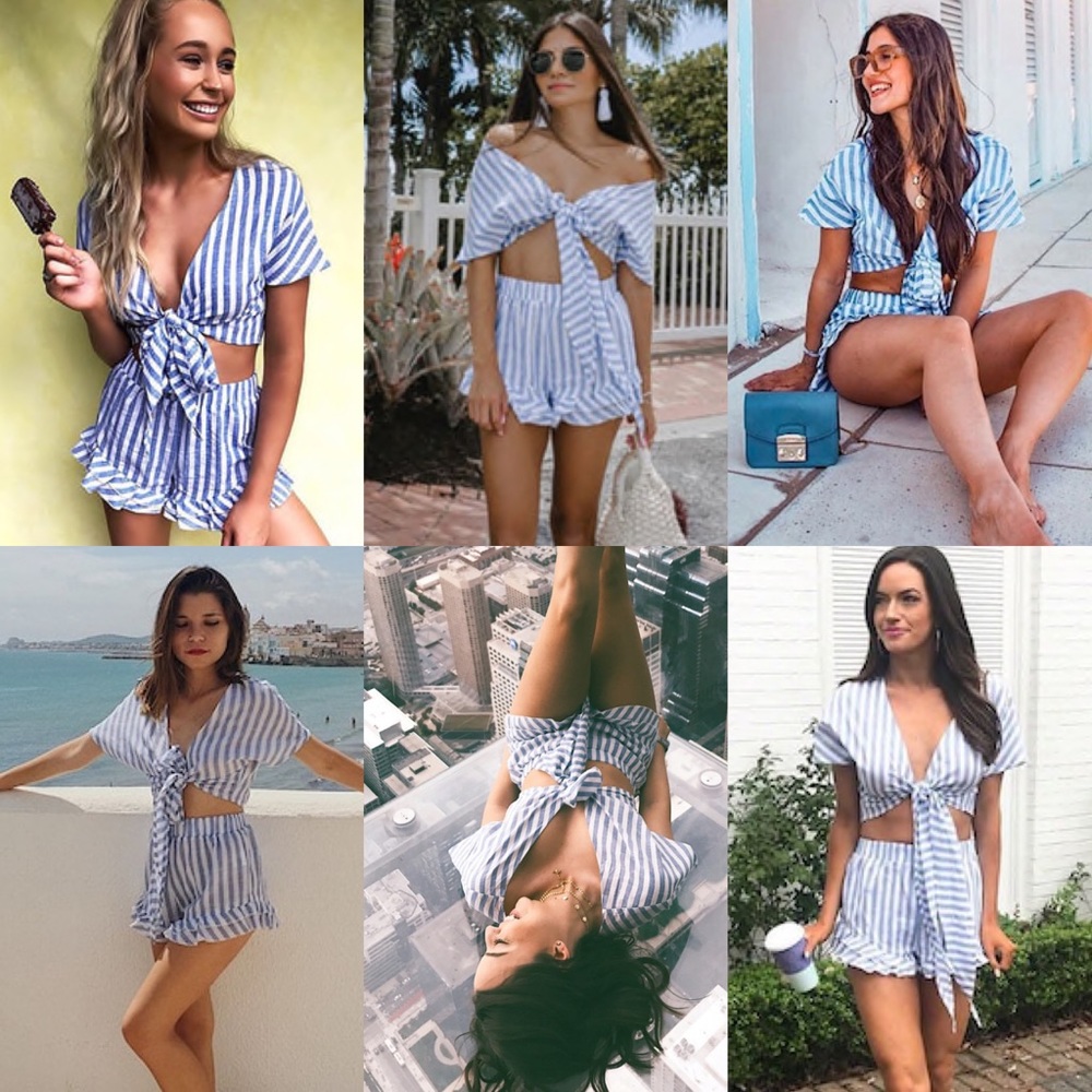 Crop top & frill shorts set blue white striped - Picture 5 of 8